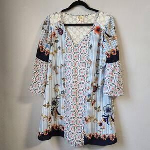Fig and Flower Blue Floral Print Boho Dress Lace Detail Bell Sleeve Medium‎